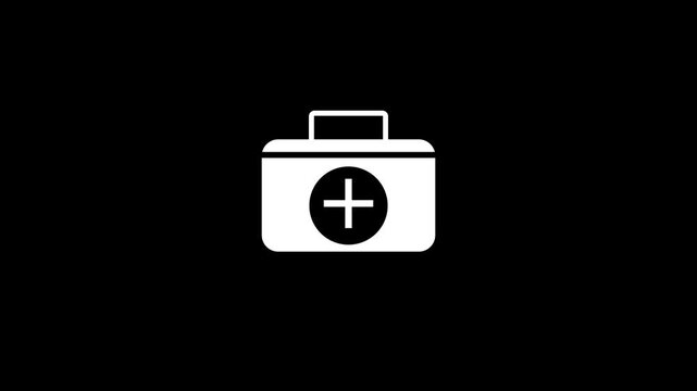 Animated White First Aid Kit Icon on Black Background &ndash; Modern Healthcare Medical Briefcase Motion Graphic Loop