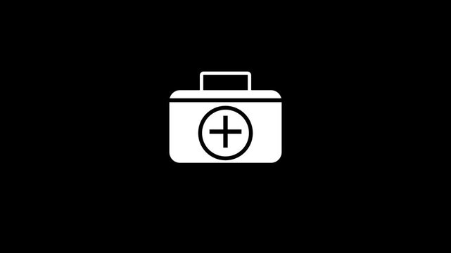 Animated White First Aid Kit Icon with Plus Cross Sign on Black Background &ndash; Modern Healthcare Medical Bag Motion Graphic Loop