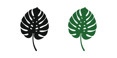 Set of two monstera tropical leaves isolated on white background featuring one black silhouette and one green leaf © MdJohurul