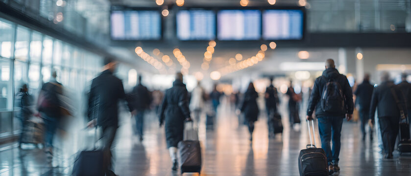 Large crowd of passenger walks across terminal floor pulling luggage beneath bright airport schedule board