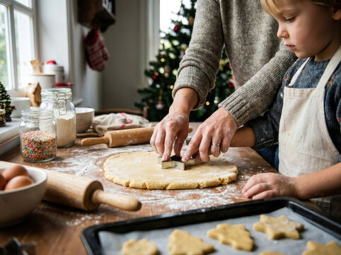 Mother and child baking Christmas cookies together at home, preparing festive treats and celebrating family traditions in a warm holiday atmosphere.