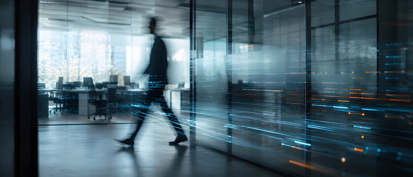 Businessman walking through modern glass office corridor with digital data light trail overlay background design