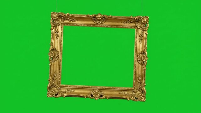 Elegant golden picture frame with empty green screen for custom image insertion and chroma key