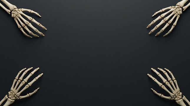 Halloween border with four skeleton hands on a dark black background