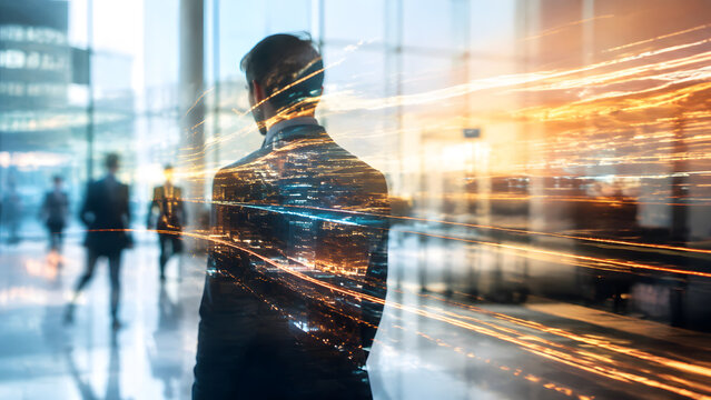 Businessman standing before window overlooking night city skyline with glowing gold light streaks design pattern