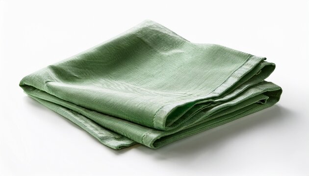 soft light green linen towel neatly folded against a white background kitchen napkin isolated