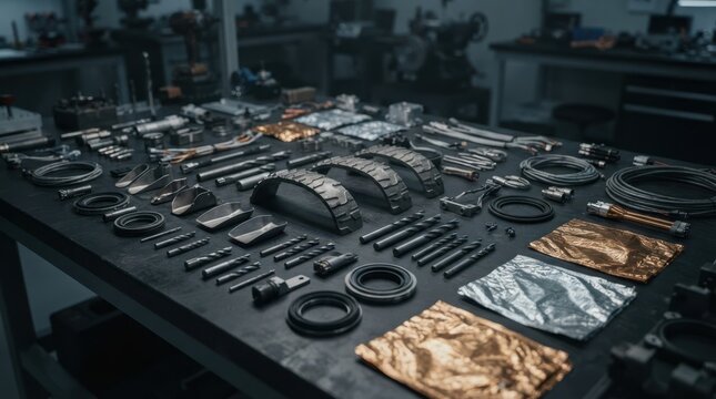 Rover wheel segments, drill bits, sample scoops, seals, and cables on a dark bench for space construction and planetary exploration