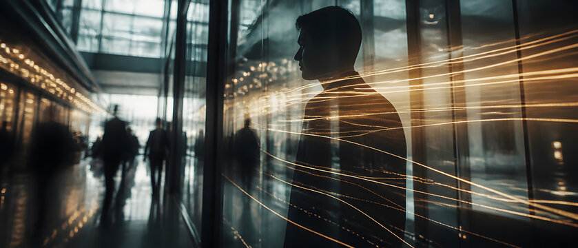 Businessman profile standing beside window with warm gold light streaks glowing softly nearby indoors scene