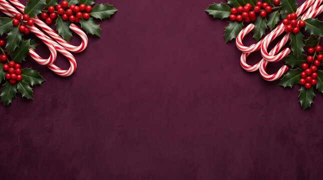 Christmas Background with Candy Canes, Holly Leaves, and Red Berries on Dark Purple Texture with Copy Space
