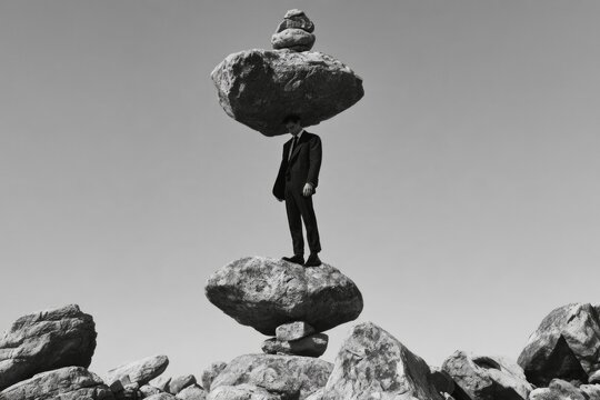 Man balancing on unstable rocks while carrying heavy stones on his head, representing pressure from responsibilities and uncertain circumstances
