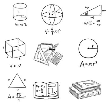 Hand drawn mathematics and geometry doodles set with formulas shapes and school supplies on a white background