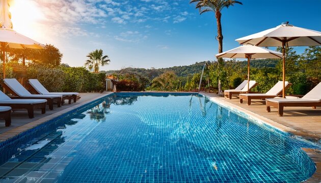 beautiful umbrella and chair around swimming pool in hotel and resort
