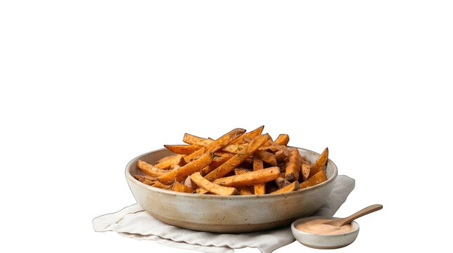 A bowl of crispy sweet potato fries with a side of dipping sauce isolated on transparent background