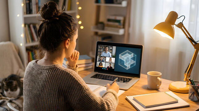 Female Student Attending Live Hybrid Lecture from Cozy Home Study Corner