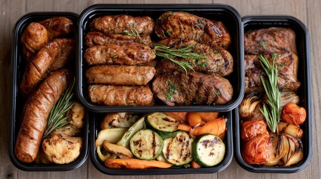 Grilled meat and vegetables in meal prep containers for lunch or dinner