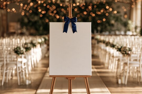 Blank canvas on an easel with blue ribbon in a decorated event space for a wedding celebration