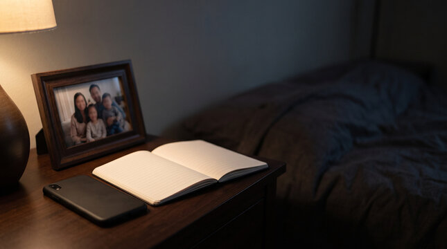 Family photo frame beside dark phone and notebook on nightstand