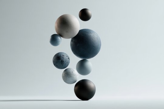 Three-dimensional arrangement of spheres in various sizes and colors on a light background
