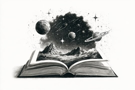 Art showing a book with mountains and space scene above it with planets and stars