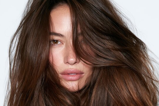 Model with long hair posing against a plain background