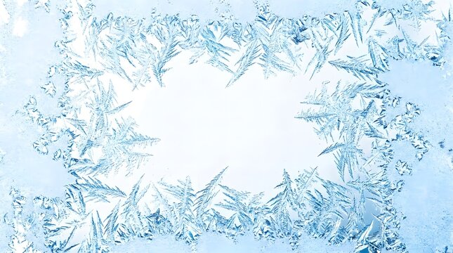 Natural frost patterns forming a delicate icy frame on a cold glass window surface photo