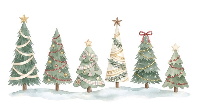 Set of six watercolor decorated Christmas trees on a snowy ground