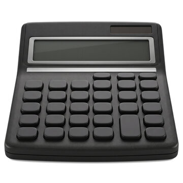Modern black calculator with silver frame, blank screen and numerous buttons for math and business on transparent background.