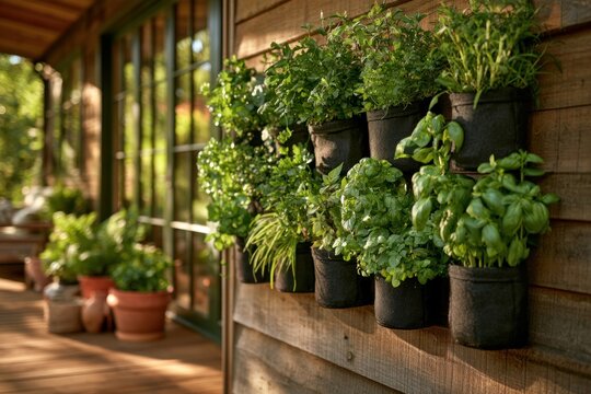 Herb garden on a wooden wall in a cozy outdoor space during daytime