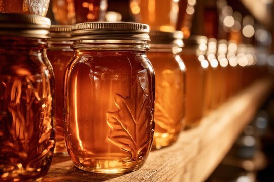 Jars of maple syrup lined up on a wooden shelf in a bright room during the day