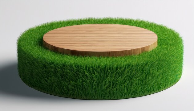 green grass cylinder background with wood podium on a white background 3d render