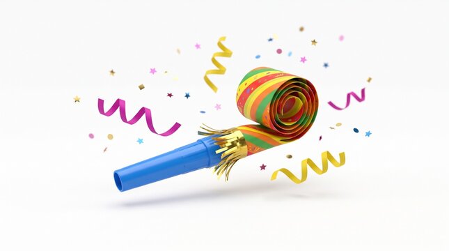 Colorful party horn blower noisemaker with confetti and streamers, 3D render New Year Eve celebration object isolated on white background for party invitation design
