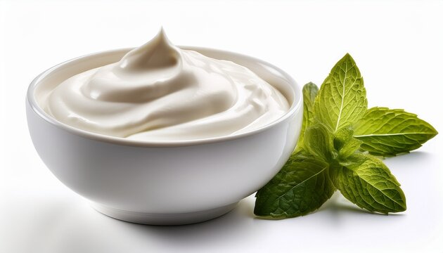 sour cream or yogurt in white bowl isolated on white background