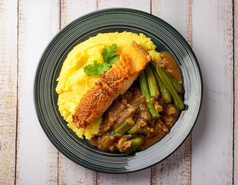 barbados dish cou cou and flying fish cornmeal and okra mash with saucy seasoned flying fish