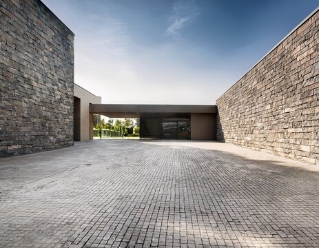 modern building space with stone walls and paved ground