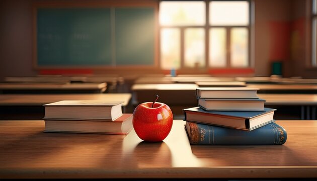 one apple on books in empty school classroom 3d rendering