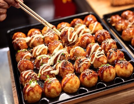 japanese takoyaki octopus balls street food close up overhead sauce drizzle wooden pick osaka night market