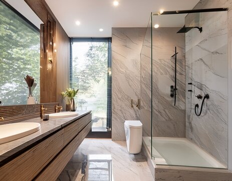 luxury bathroom interior in marble with glass shower and oval bath tub and round shaped double sink