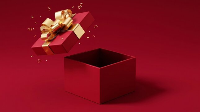 red gift box with golden ribbon bow opening on red background, festive celebration concept