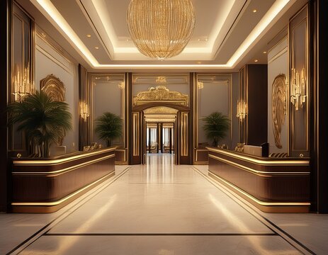 3d render of luxury hotel entrance reception lobby
