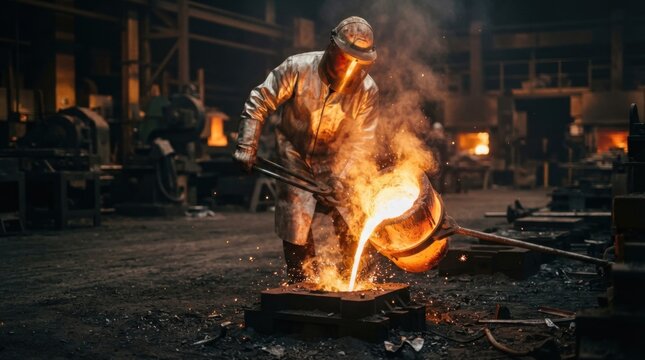 Foundry worker in heat resistant gear pouring glowing molten metal into a sand mold with sparks and furnace glow.