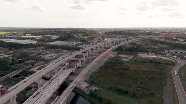 Aerial footage above new HS2 railway line under construction at Water Orton near Birmingham and M42 motorway