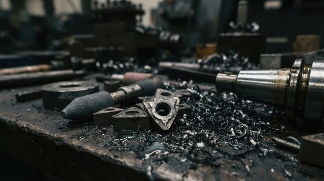 Worn carbide inserts, grinding stones, metal chips, coolant droplets, and spindle components on a workbench for precision machining