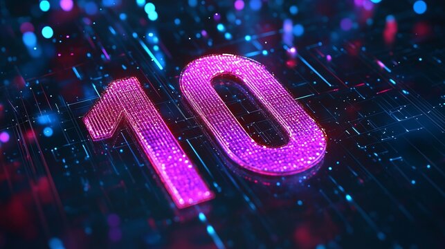 Glowy 3D Number Ten Floating Over Abstract Futuristic Digital Circuit Technology Background Render.