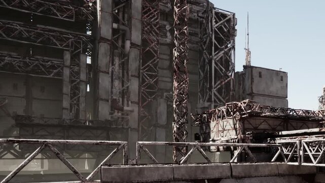 An expansive view shows the weathered structures of an abandoned industrial site. Rusted metal beams and concrete foundations tell the story of a once bustling factory surrounded by silence.