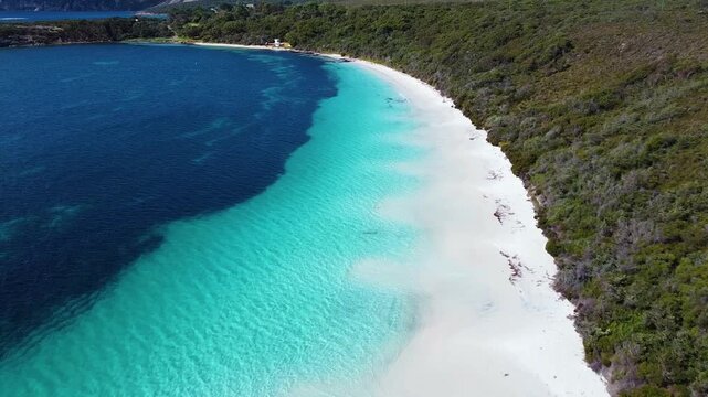 Aerial view of turquoise waters meeting white sand beach bordered by dense coastal vegetation at Frenchman Bay, Western Australia, Australia.