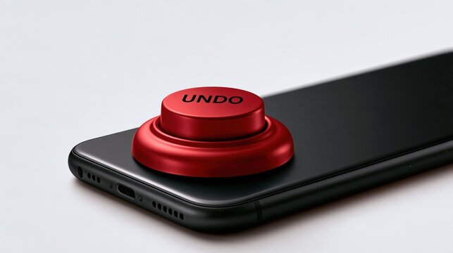 Sleek smartphone featuring physical comical UNDO button the size of red arcade button