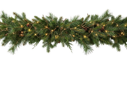 Christmas garland with pine branches and warm fairy lights isolated on transparent background
