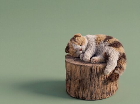 Cute Realistic Plush Calico Kitten Sleeping Curled Up on a Rustic Tree Stump with Sage Green Copy Space Background