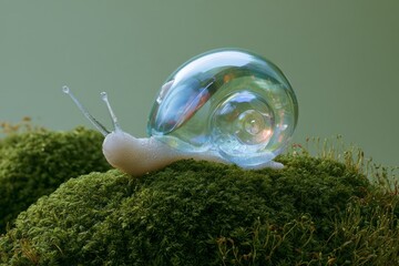 Fototapeta premium Surreal glass snail with iridescent shell crawling on green moss