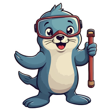 Cute cartoon seal diver wearing snorkel mask holding a breathing tube vector illustration, funny tourist sea animal mascot character isolated on white background